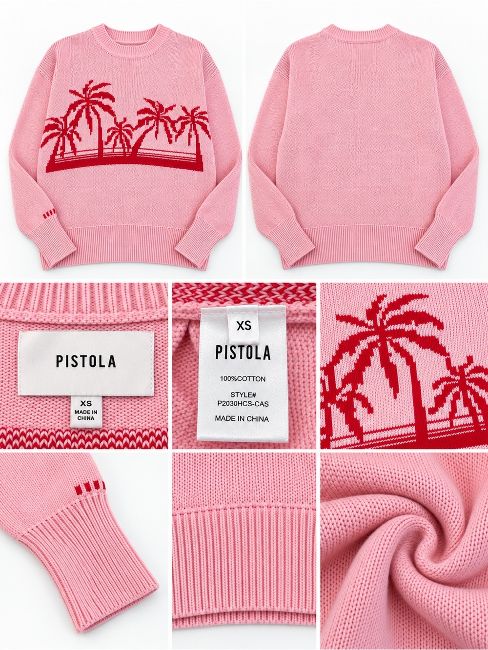 pistola Pink Crewneck Sweater with Red Palm Intarsia